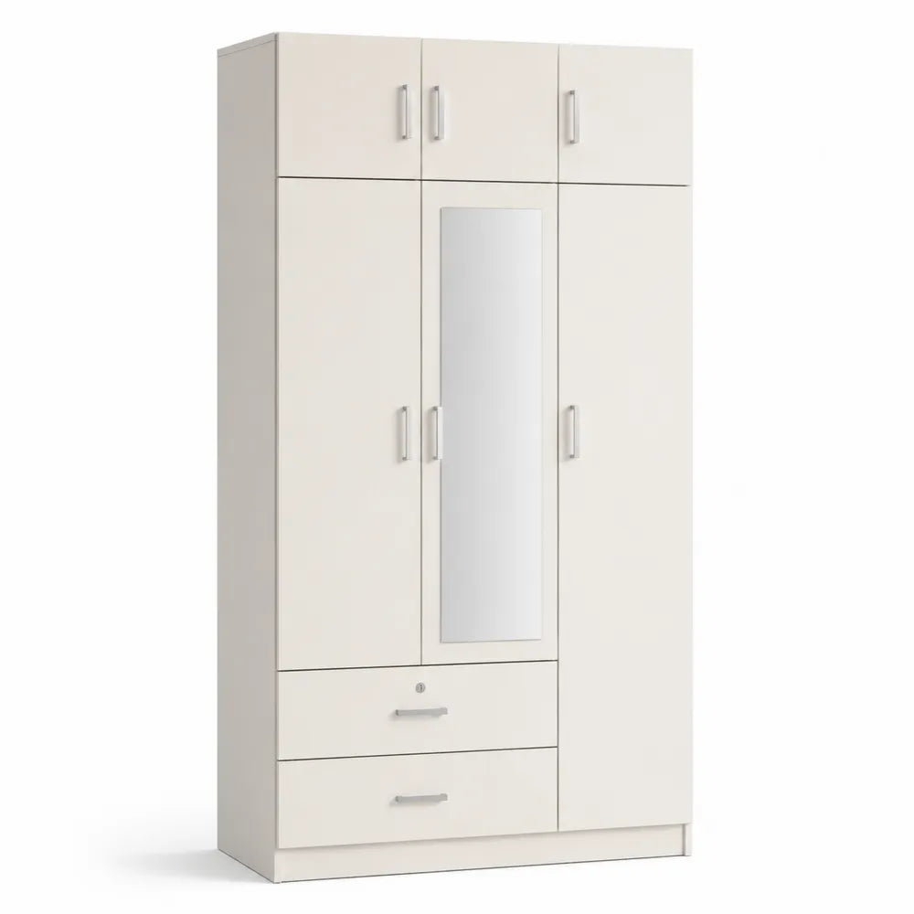 4-türiger Kleiderschrank mit Spiegel und Schubladen Weiß Holz