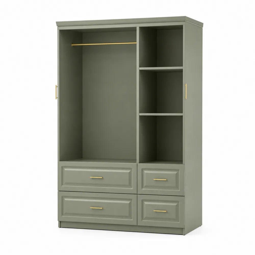 Grüner Holz-Kleiderschrank mit Schubladen und Regalen 200x120x55 cm