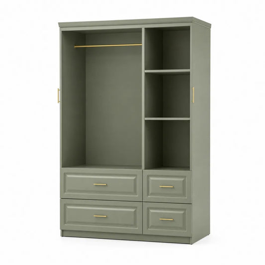 Grüner Holz-Kleiderschrank mit Schubladen und Regalen 200x120x55 cm