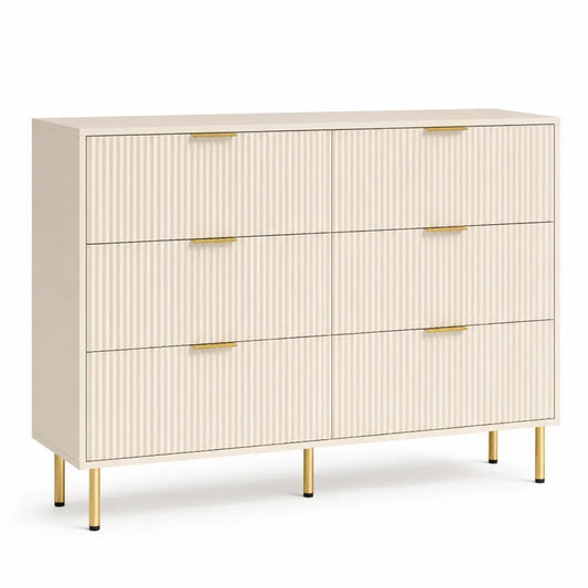 Beige Kommode mit 6 Schubladen aus Holzwerkstoff und Metall