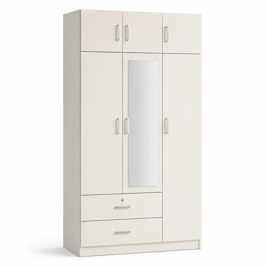4-türiger Kleiderschrank mit Spiegel und Schubladen Weiß Holz